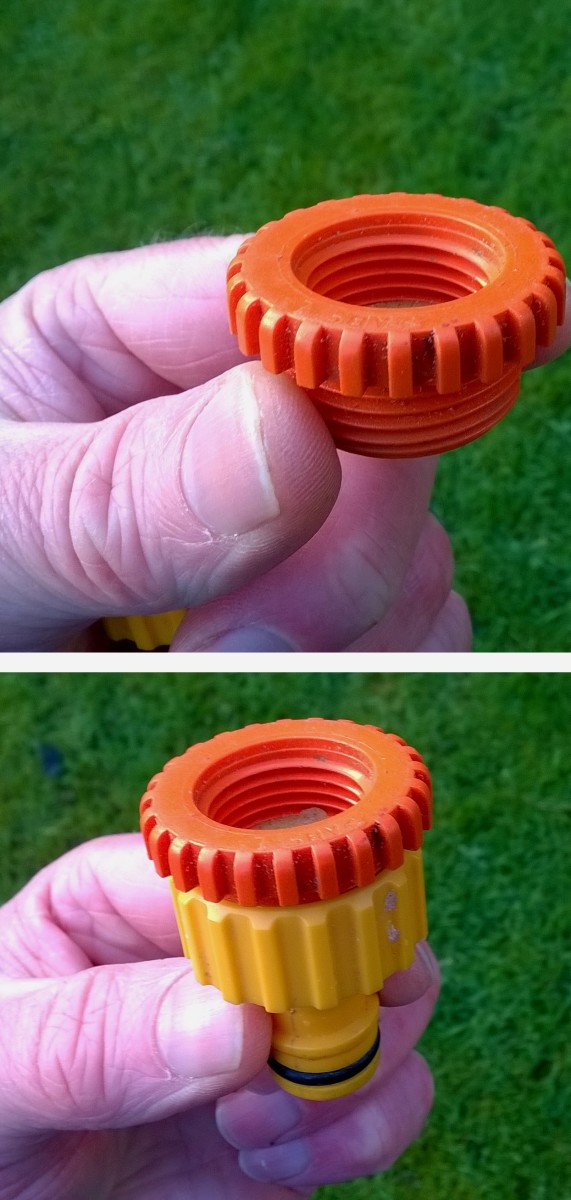 Reducer for converting a 3/4" garden tap connector so it can be used with 1/2" threaded taps.