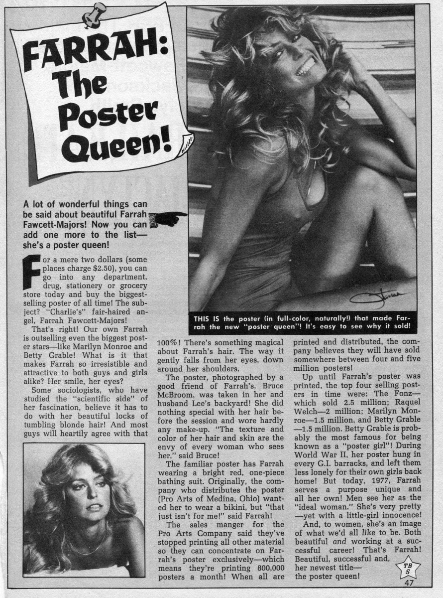 Vintage fan magazine (Tiger Beat Star) clipping, showing their write-up about her successful poster ventures.