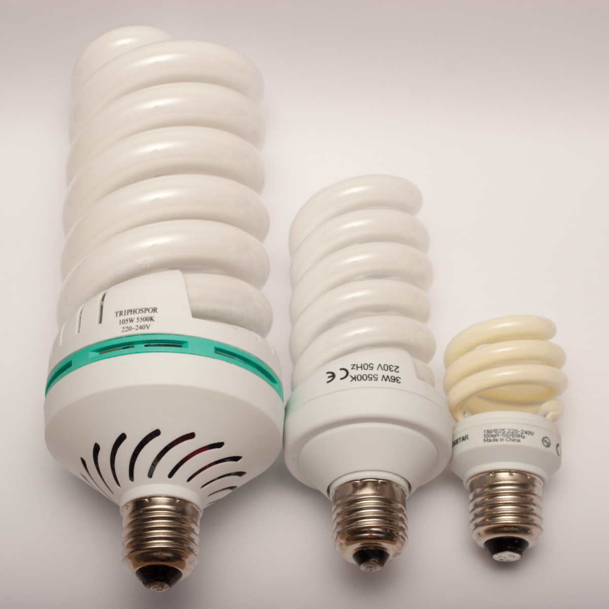 Comparison of compact fluorescent light bulbs with 105W, 36W und 11W