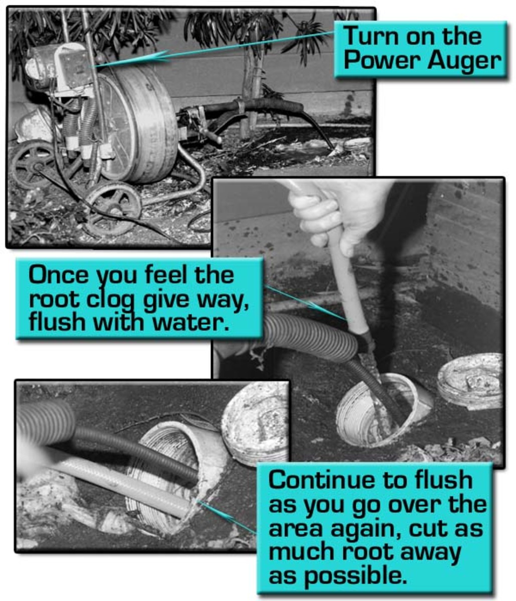 Turn on the Auger and feed cable until you feel the clog clear. Flush with hose water as you go over the area clearing as much of the root away as possible.
