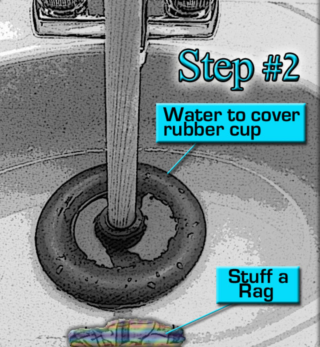 Step #2 stuff a rag, and plunge sink drain 