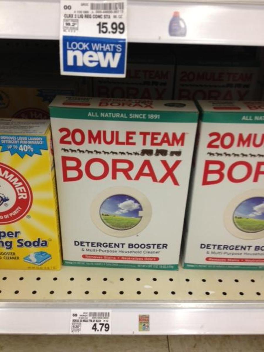A 4lb, 12oz. box of Borax on the shelf at our local Kroger.