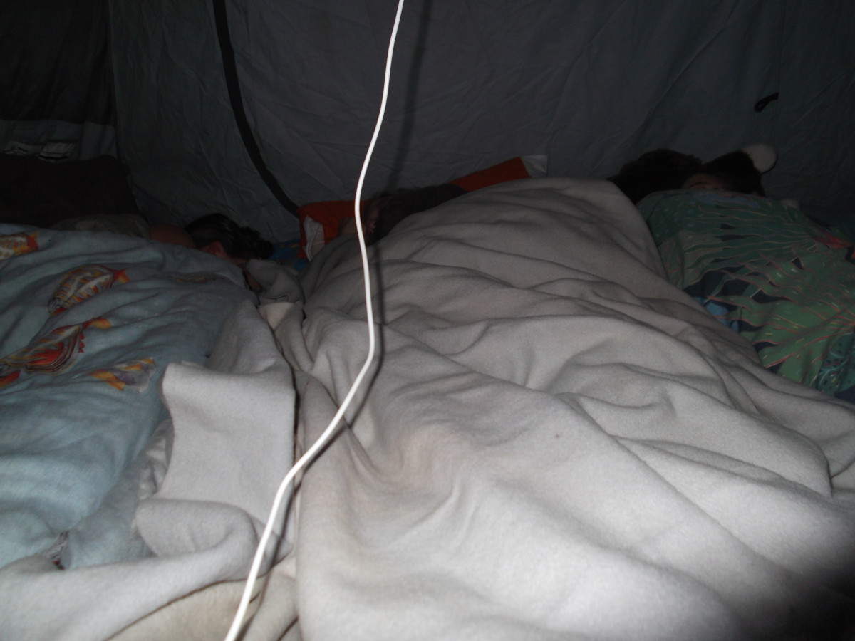 A good night's sleep in a hastily erected tent. The white lead in the foreground connects the light to the solar battery just outside the tent door.