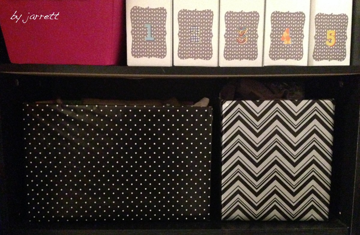 Polka Dot and Chevron Paper used to cover boxes on the craft wall! 