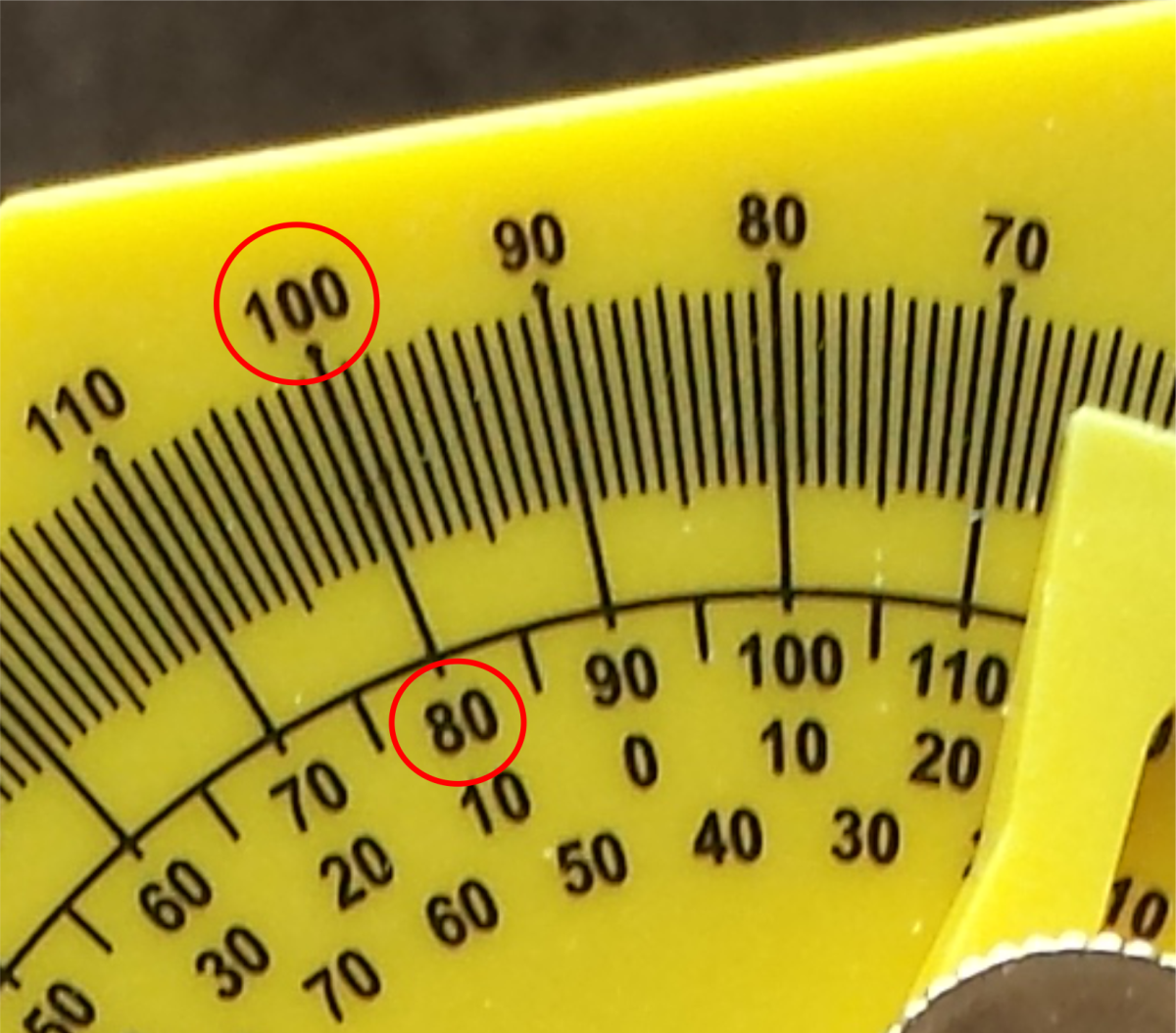 Working with a miter saw—if you have an angle measuring 100°, its corresponding number is 80° on the protractor. Divide that by 2, and you get 40°. So you place your miter saw’s number at 40°.