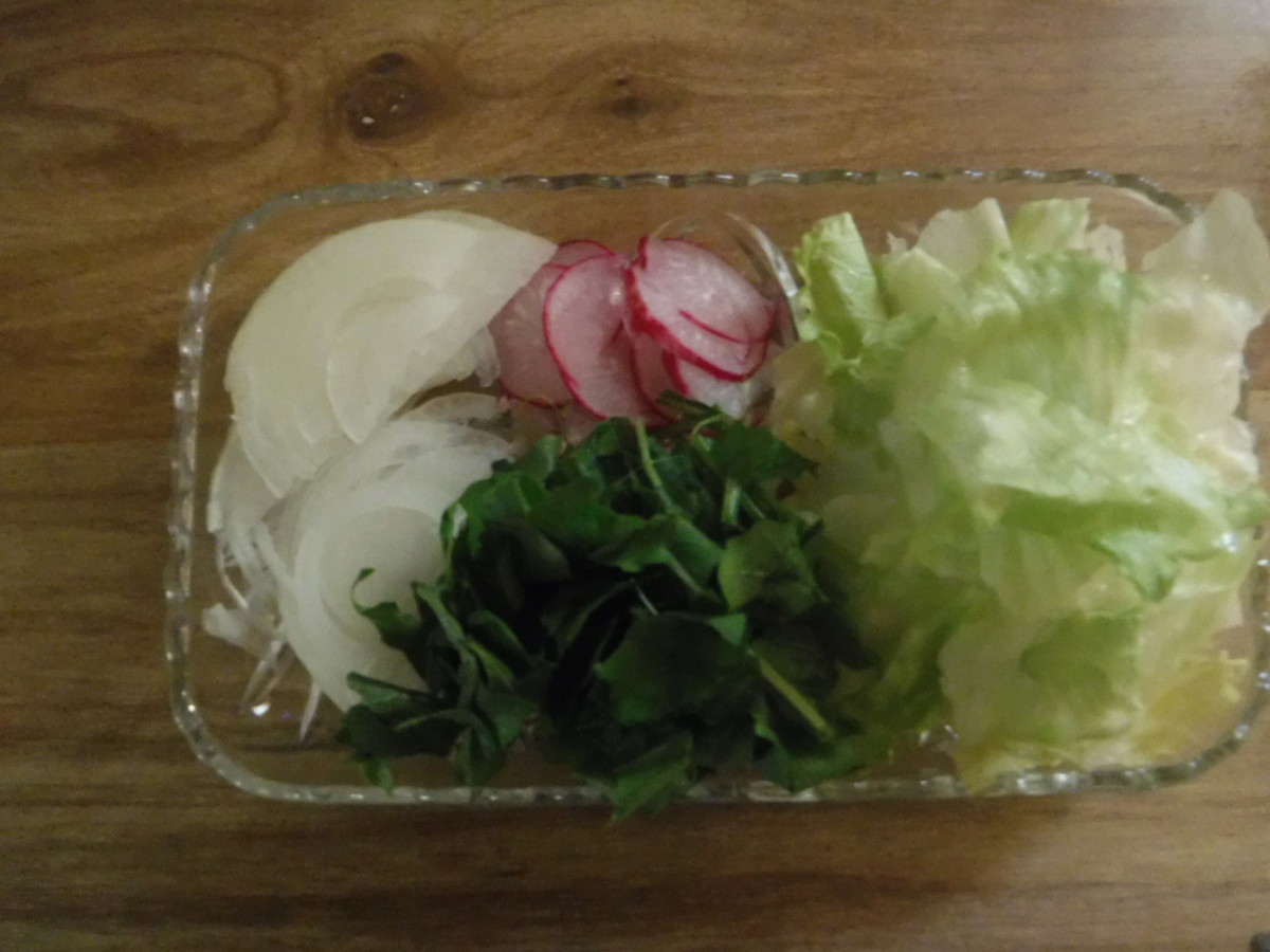 Onions, radishes, arugula, and lettuce.