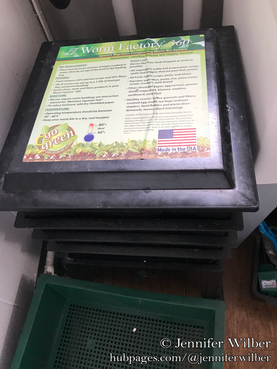 The Worm Factory 360 multi-tray vermicomposting system, which is kept in my laundry room.