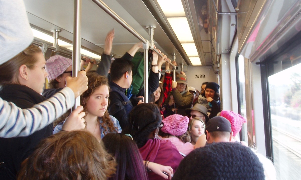 I have never seen the train so packed. This was coming back from the Women's March in LA last year. The way down was even more crowded––we had to wait for five trains to pass before we found room. (This year, Metro added trains for the march.)