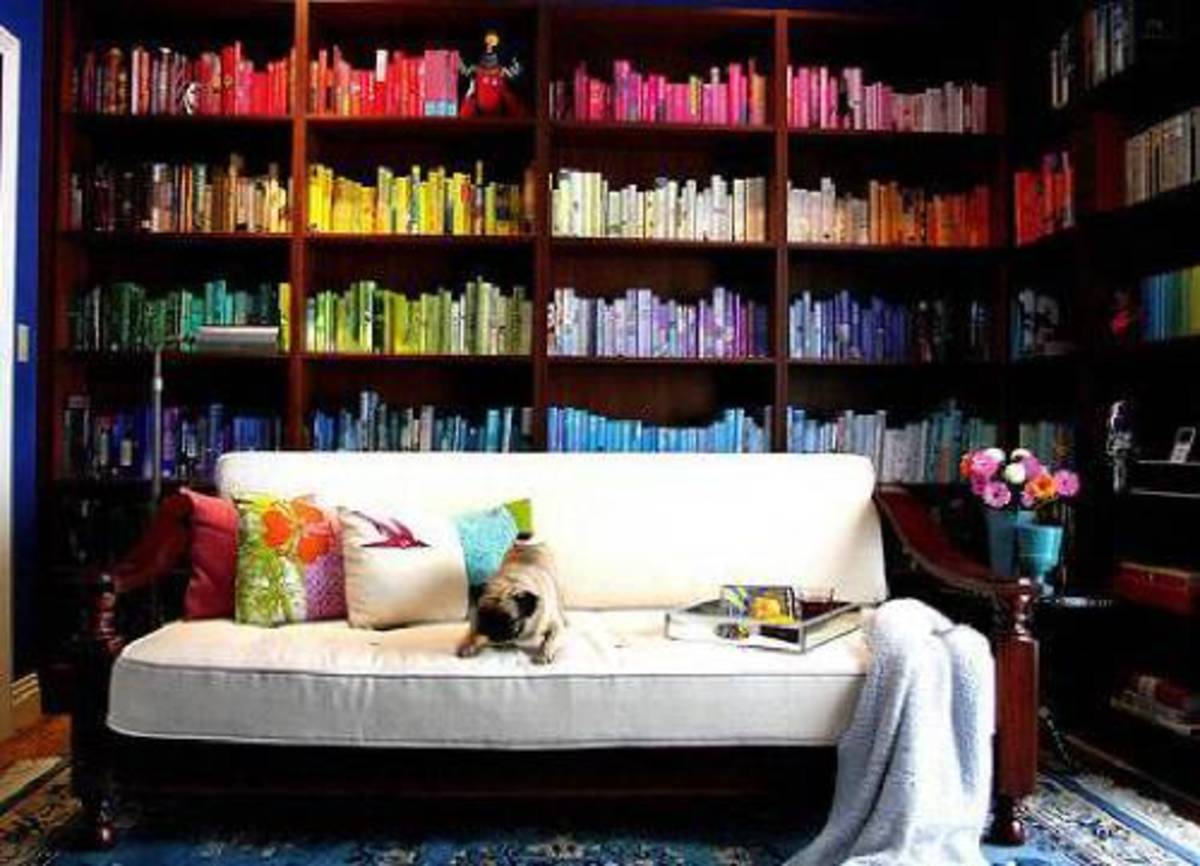 Books in blocks of color create an impressive display.