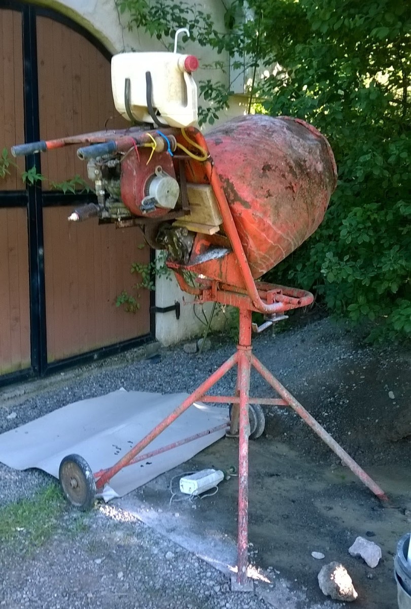 My Belle cement mixer with homemade tripod. 