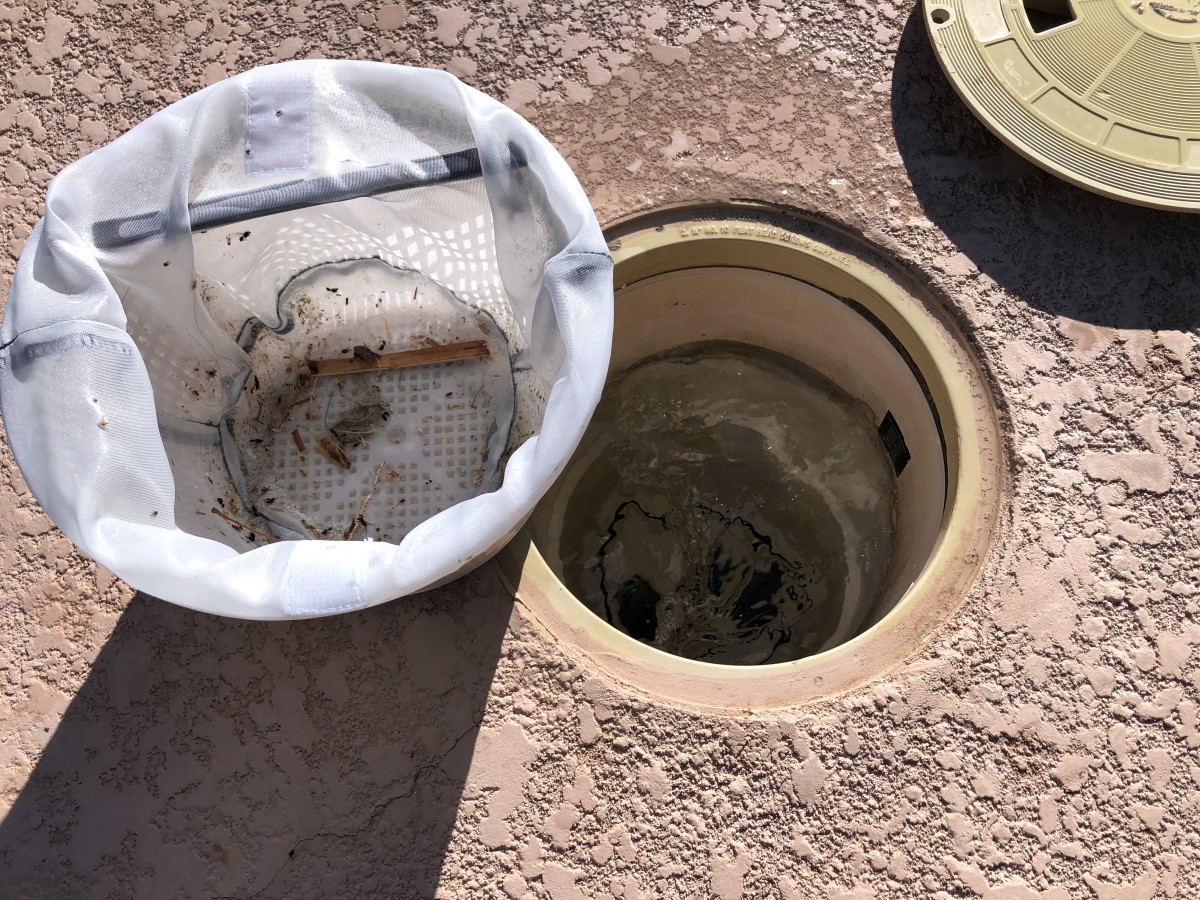 Lift the lid, remove the skimmer basket, dump it out, and replace the basket and cover.