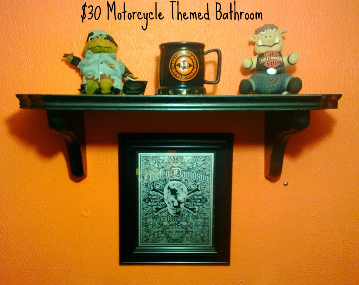 $30 motorcycle themed bathroom. Salvaged shelf to hold husband's collectibles.