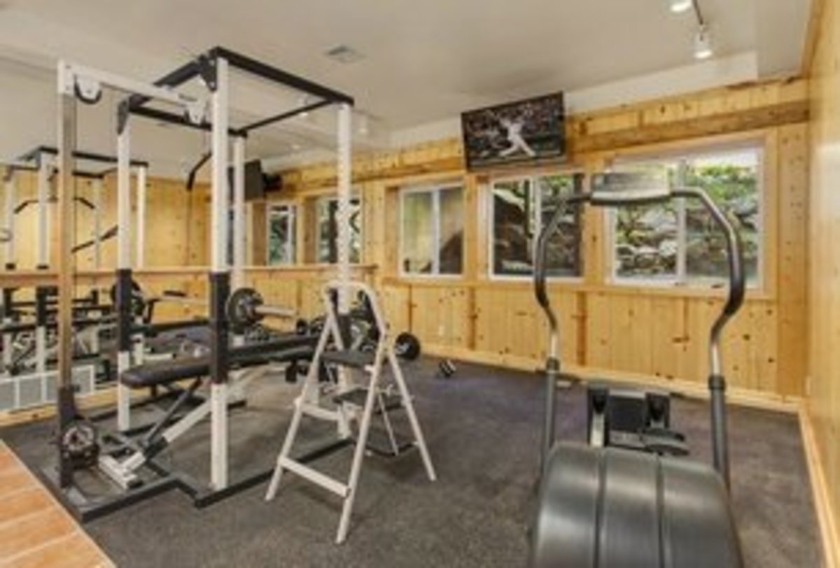 A rustic home gym with with plywood walls and dark grey flooring