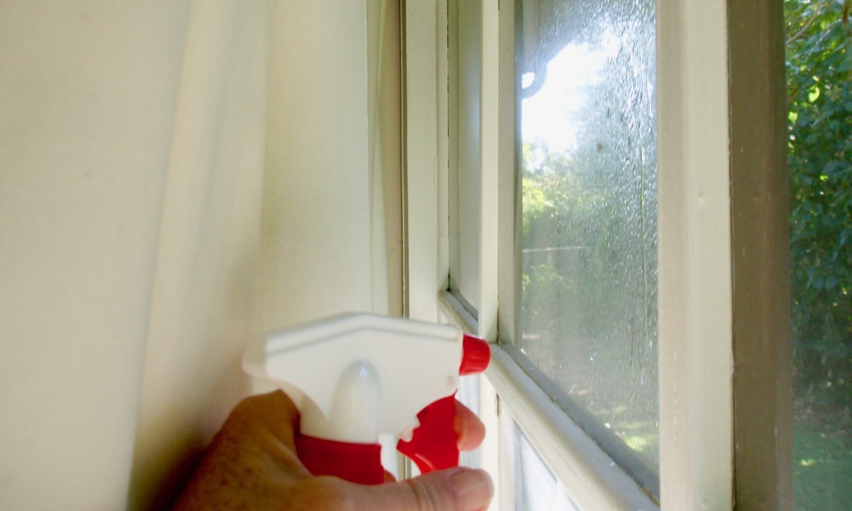 First I spray the windows, then I turn the sprayer around and spray the backs of the curtains. That makes the entire space between drapes and window filled with moisture that can evaporate, taking the heat with it. It works!