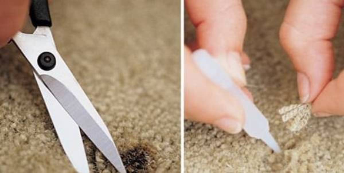 Easy to clip a small amount of burned carpet fibers. Replace a few extra fibers and use glue to repair the spot.