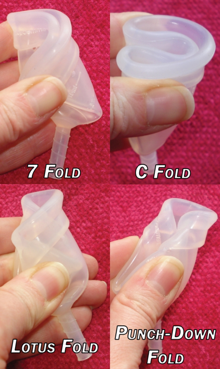 Four examples of different folding methods for inserting a menstrual cup.
