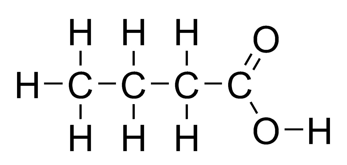 This is the structural formula for a butyric acid molecule. The acid group is shown on the right side of the formula.