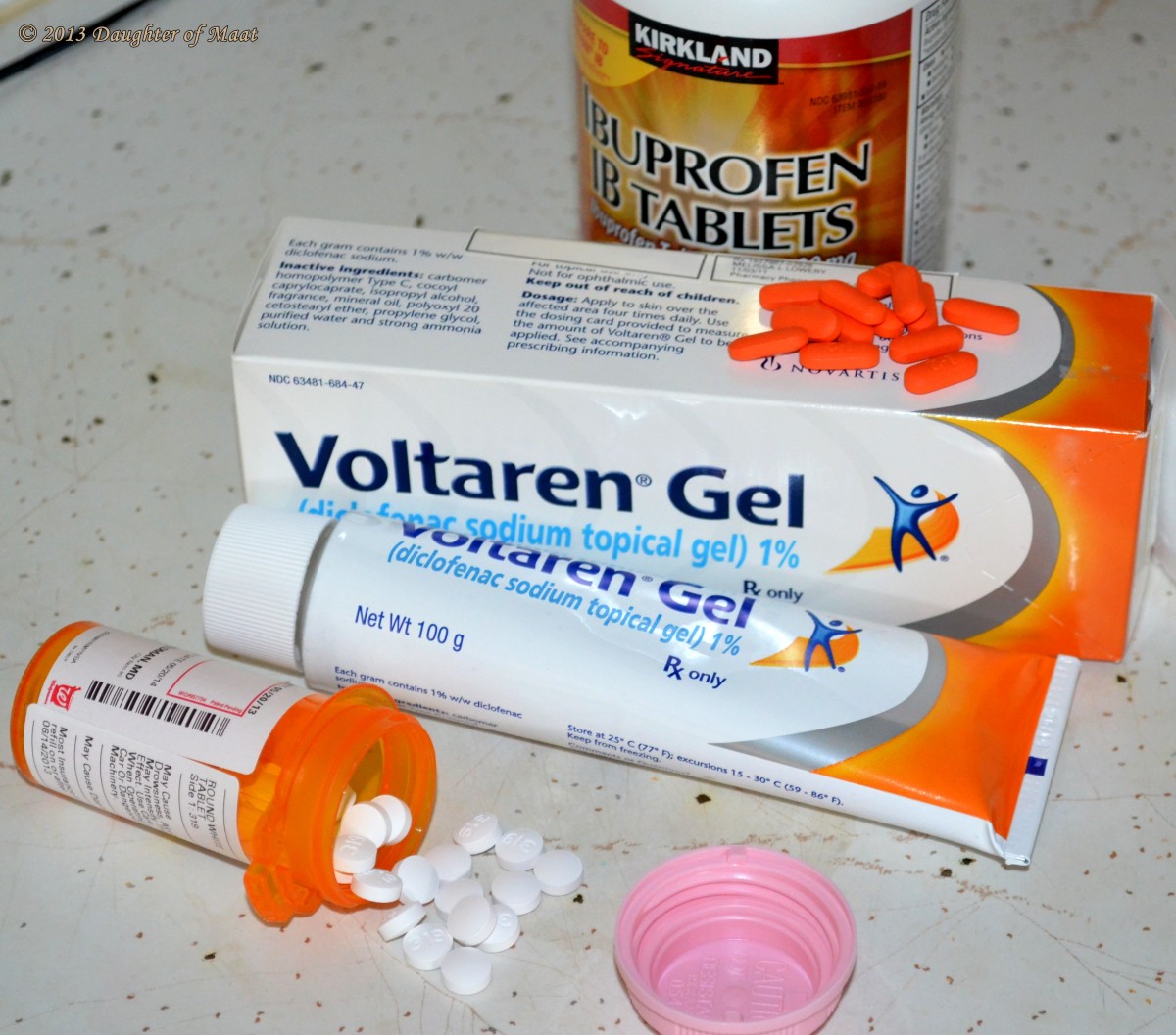 Ibuprofen, Voltaren gel and tramadol medications typically used to treat arthritis pain.