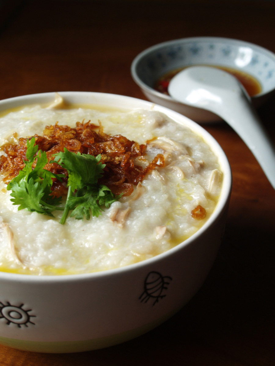 Congee, a rice porridge sometimes prepared with broth, can be a meal when prepared with egg, onion, and parsley.