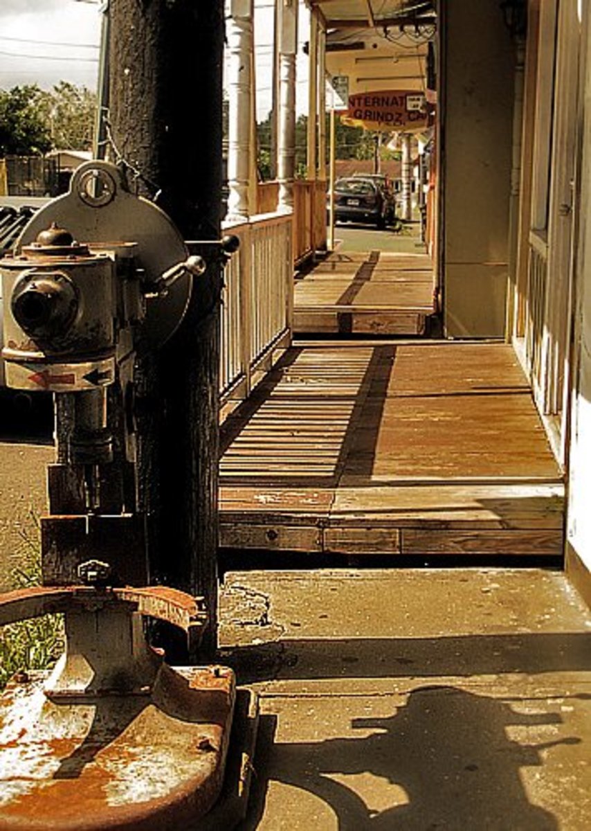 Old machinery and wooden boardwalk