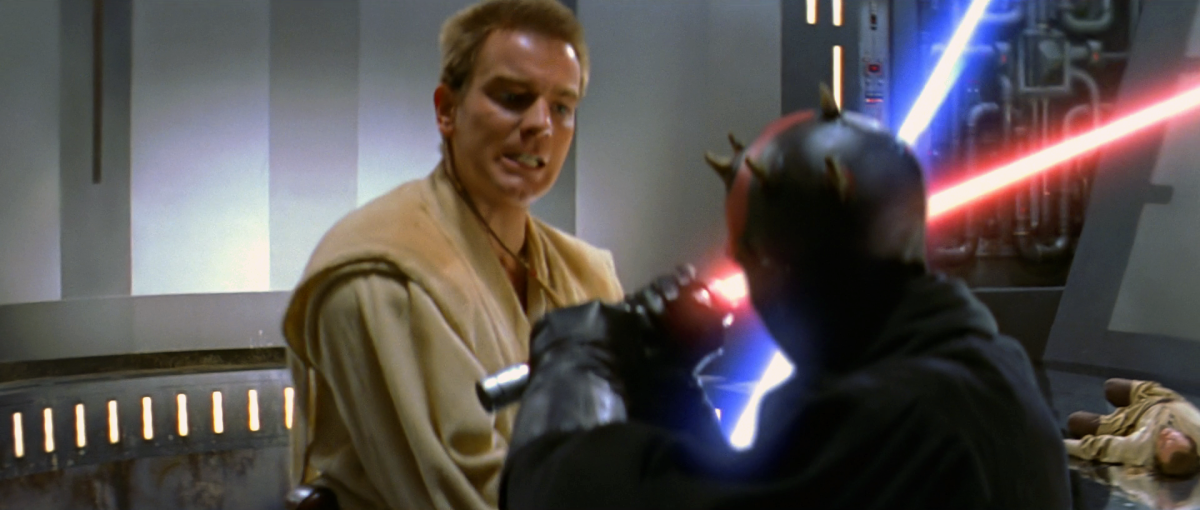 Obi-Wan Kenobi fights Darth Maul.