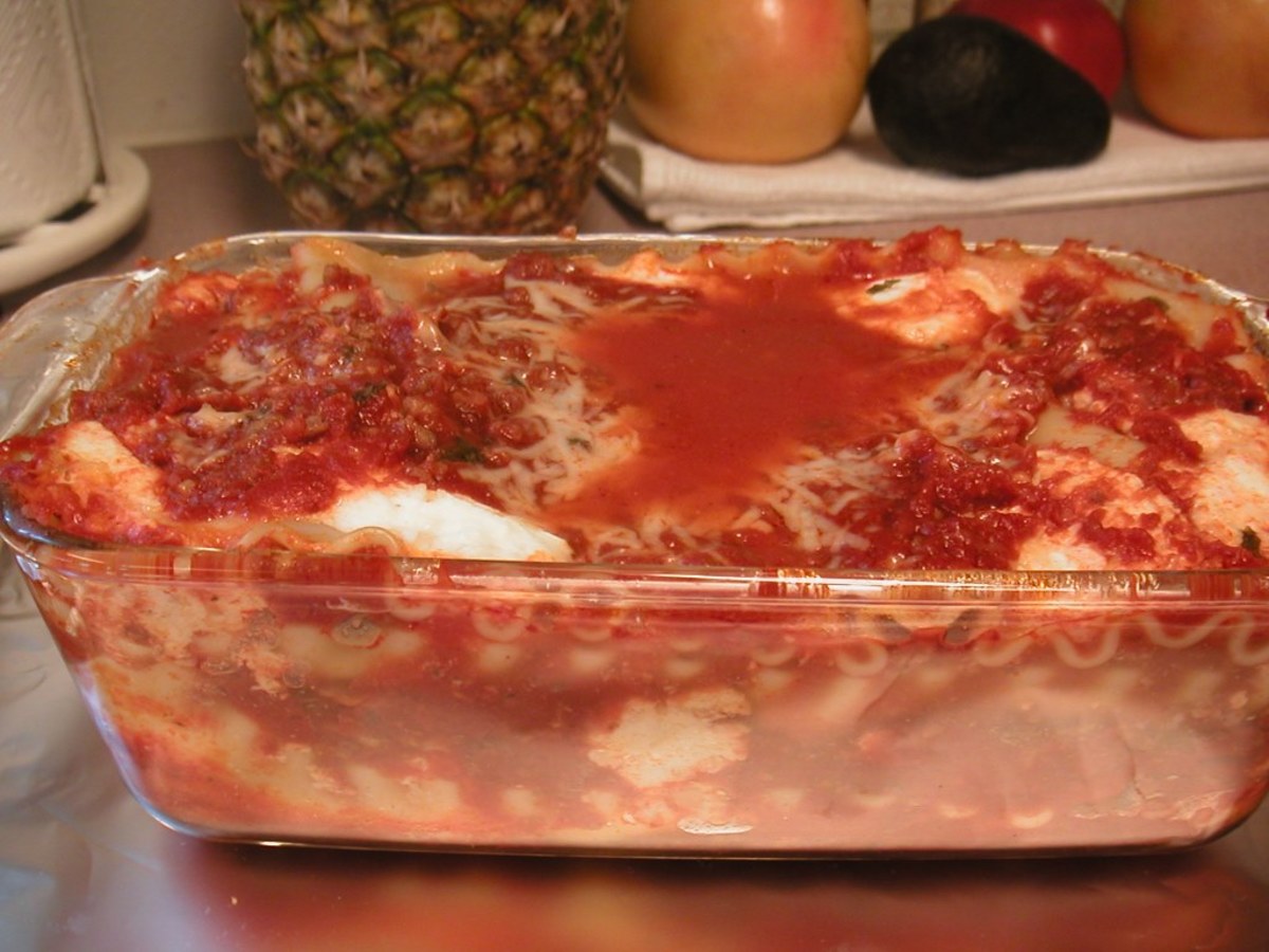 This lasagna casserole is ready to serve.