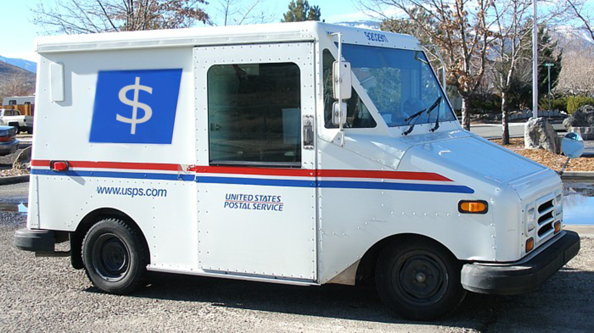 I see a mail truck with a blue and white eagle, you see a mail truck with a blue and white eagle, but Postal Customer from Hell sees only rolling dollar signs.