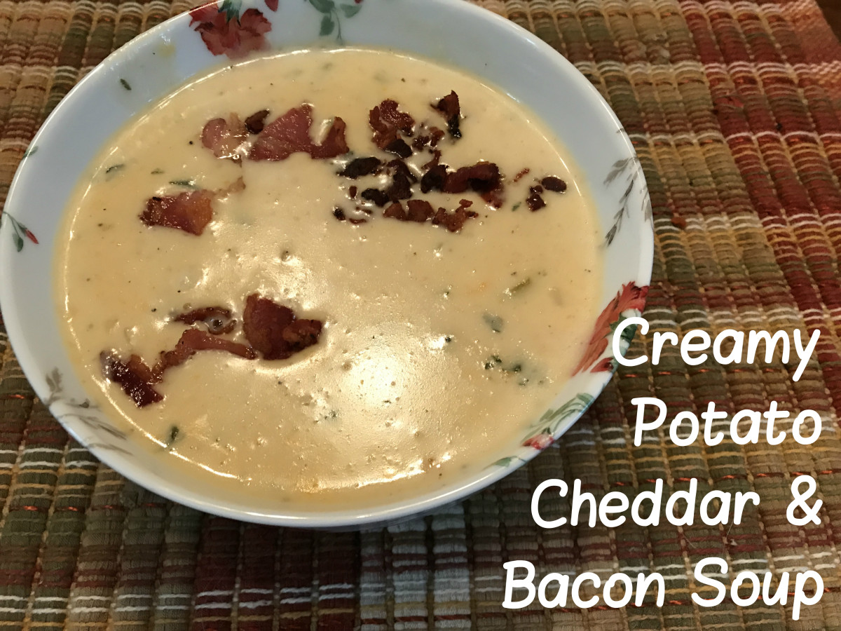 What tastes more like the comfort of home than a warm bowl of creamy cheese potato soup, topped with bacon?  Perfect for cool fall and winter afternoons, and enjoy taking leftovers to work for lunch! Mmmm.