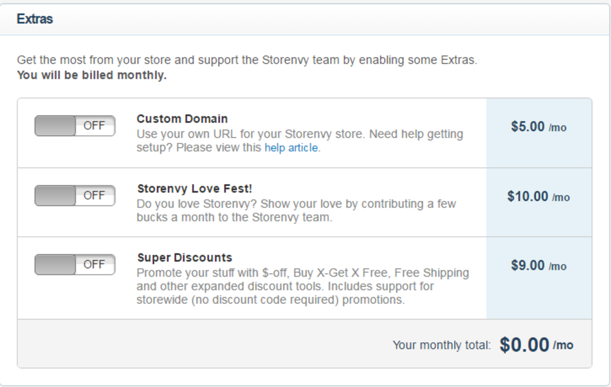 Storenvy "extras" options and fees.