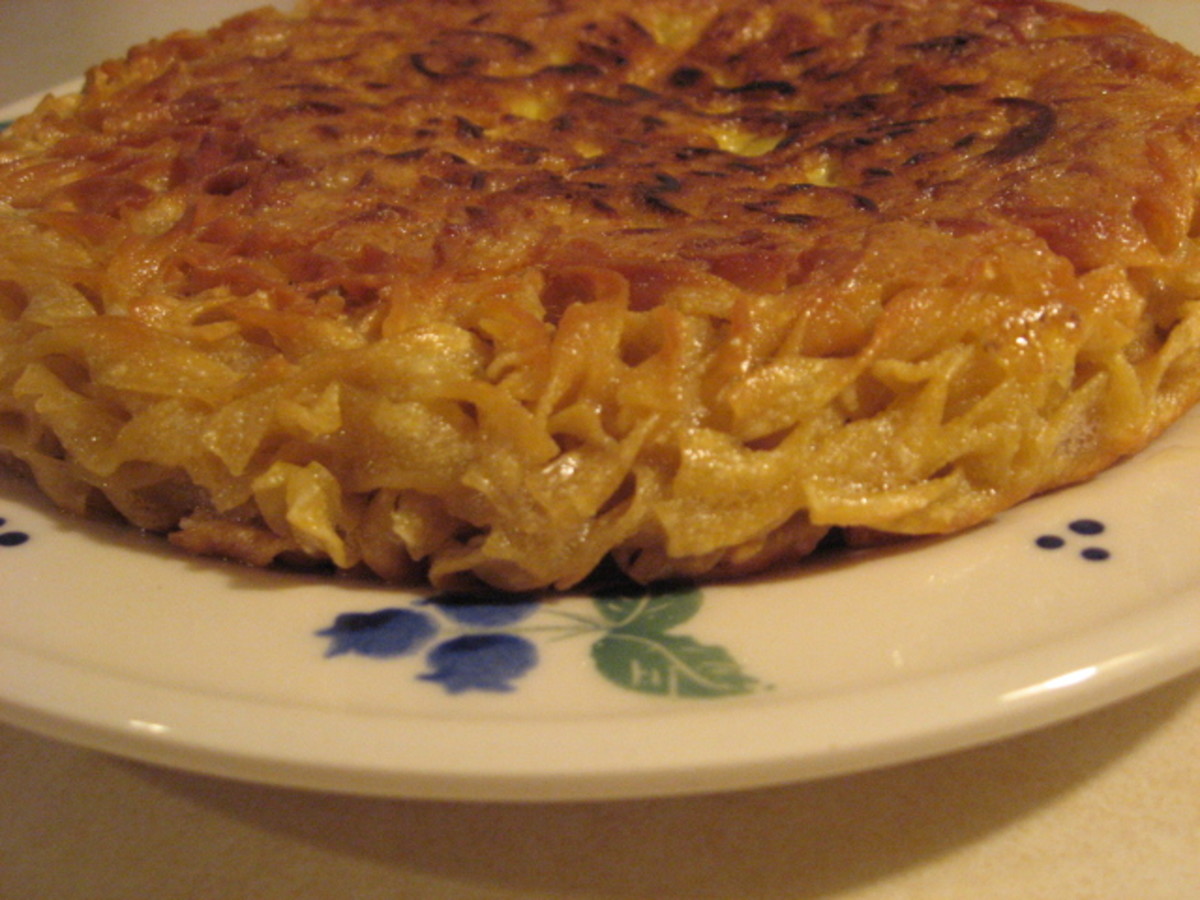 This beautiful golden kugel is fresh from the skillet and fried to perfection!