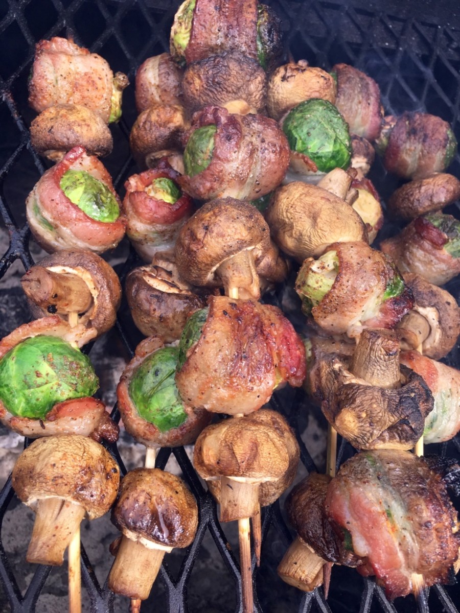 Bacon-Wrapped Brussels Sprout and Mushroom Skewers