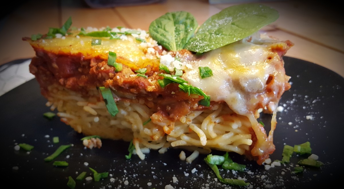 The egg/Parmesan mixture in the spaghetti helps hold it together almost like a lasagna.
