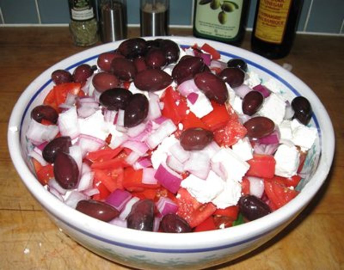 The Greek salad, prior to dressing and mixing.