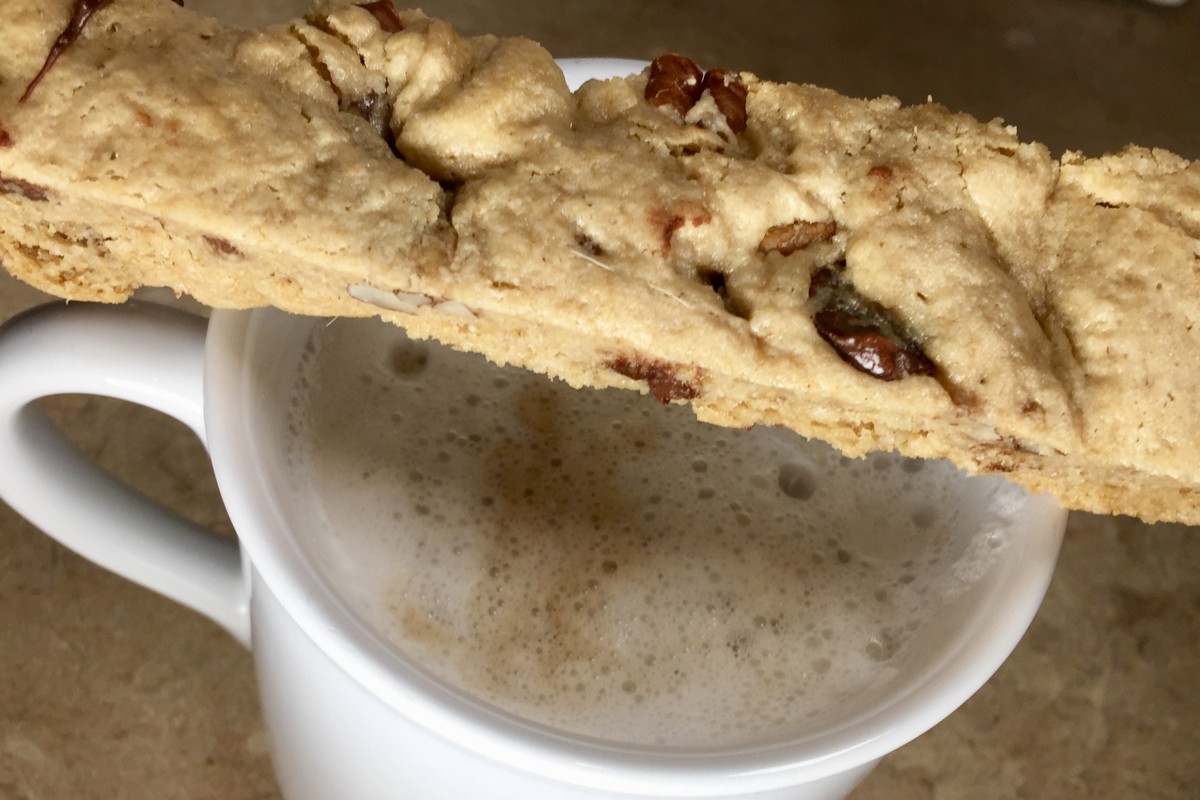 Perfectly crisp Pecan-Chocolate Chip Biscotti It's delicious dunked in coffee!
