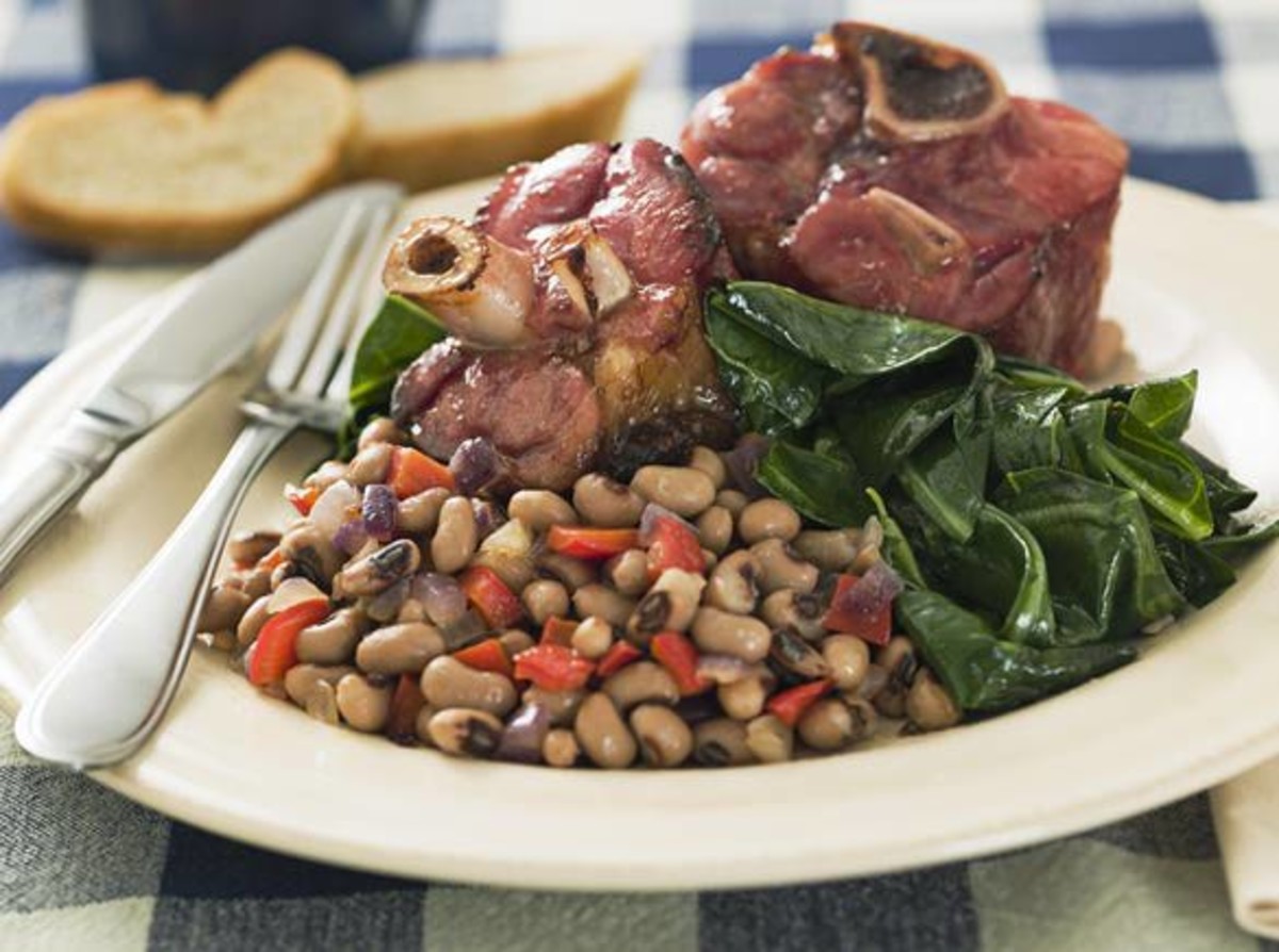 ham, black-eyed pea with tomatoes, and collard greens