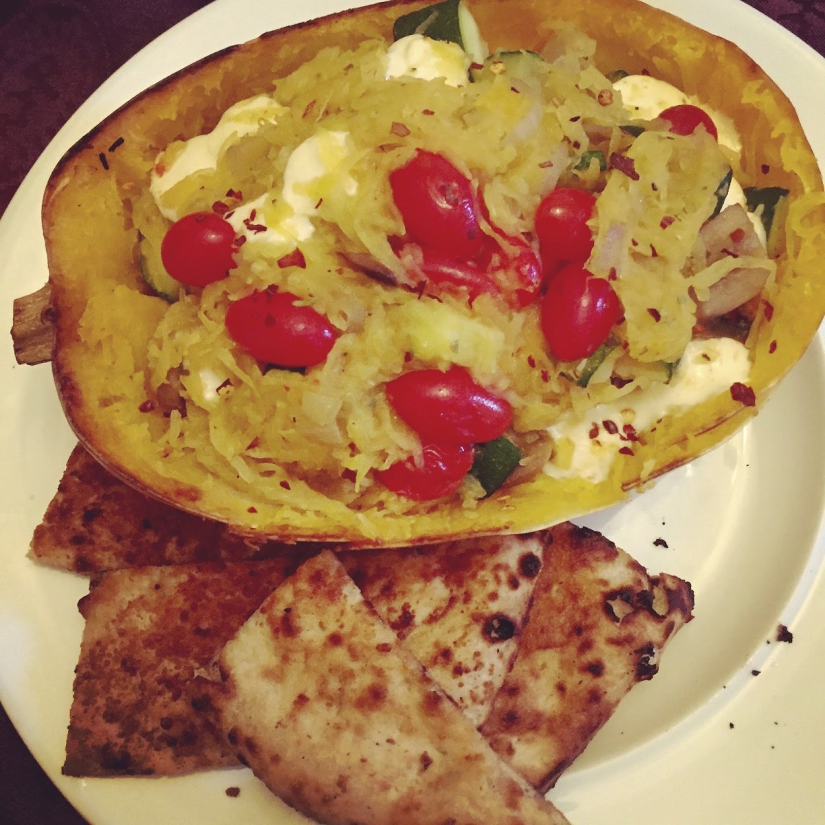 This paghetti squash with a side of flat bread makes a great weekday meal. 