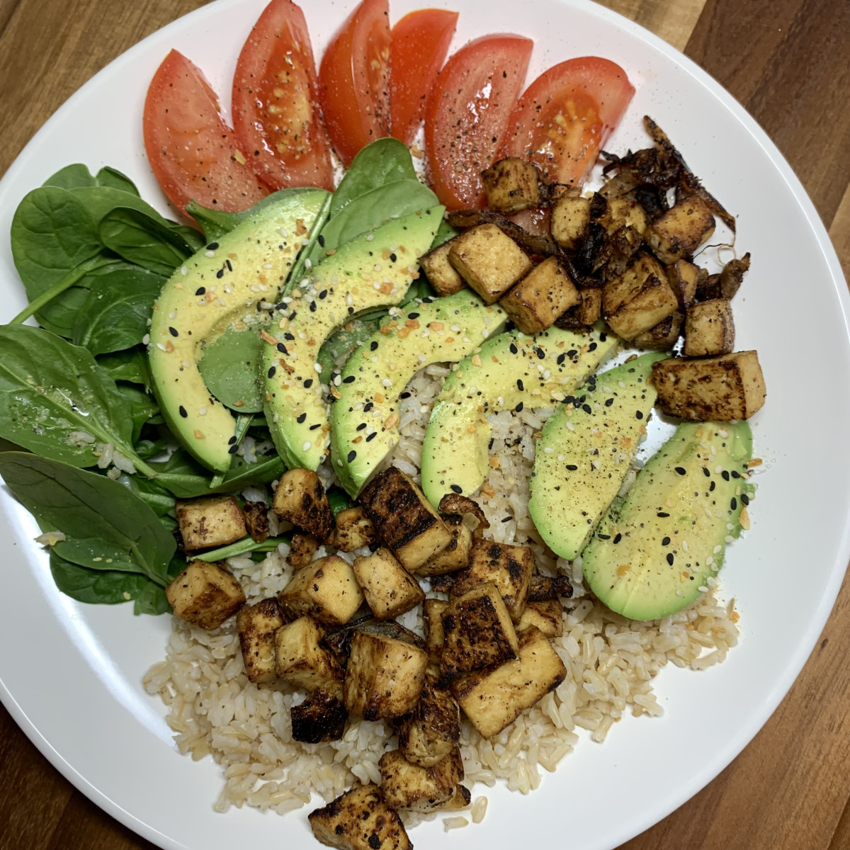 Enjoy crispy tofu with assorted veggies and brown rice