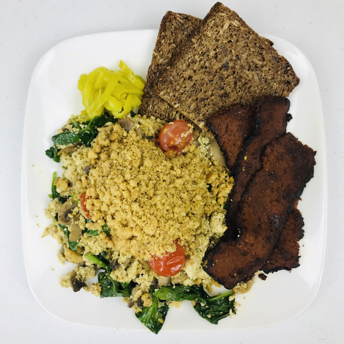 Vegan Breakfast Tofu Scramble With Pesto and Walnut Parmesan