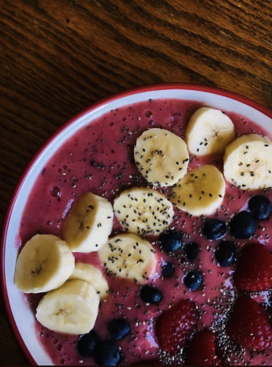 Berry and yogurt smoothie bowl with chia seeds