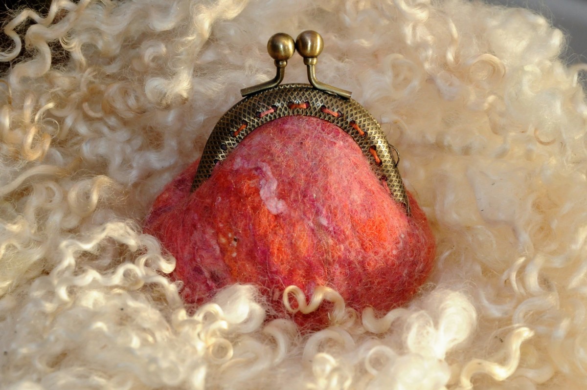 A wet felted coin purse sitting on a bed of Teesdale Curls