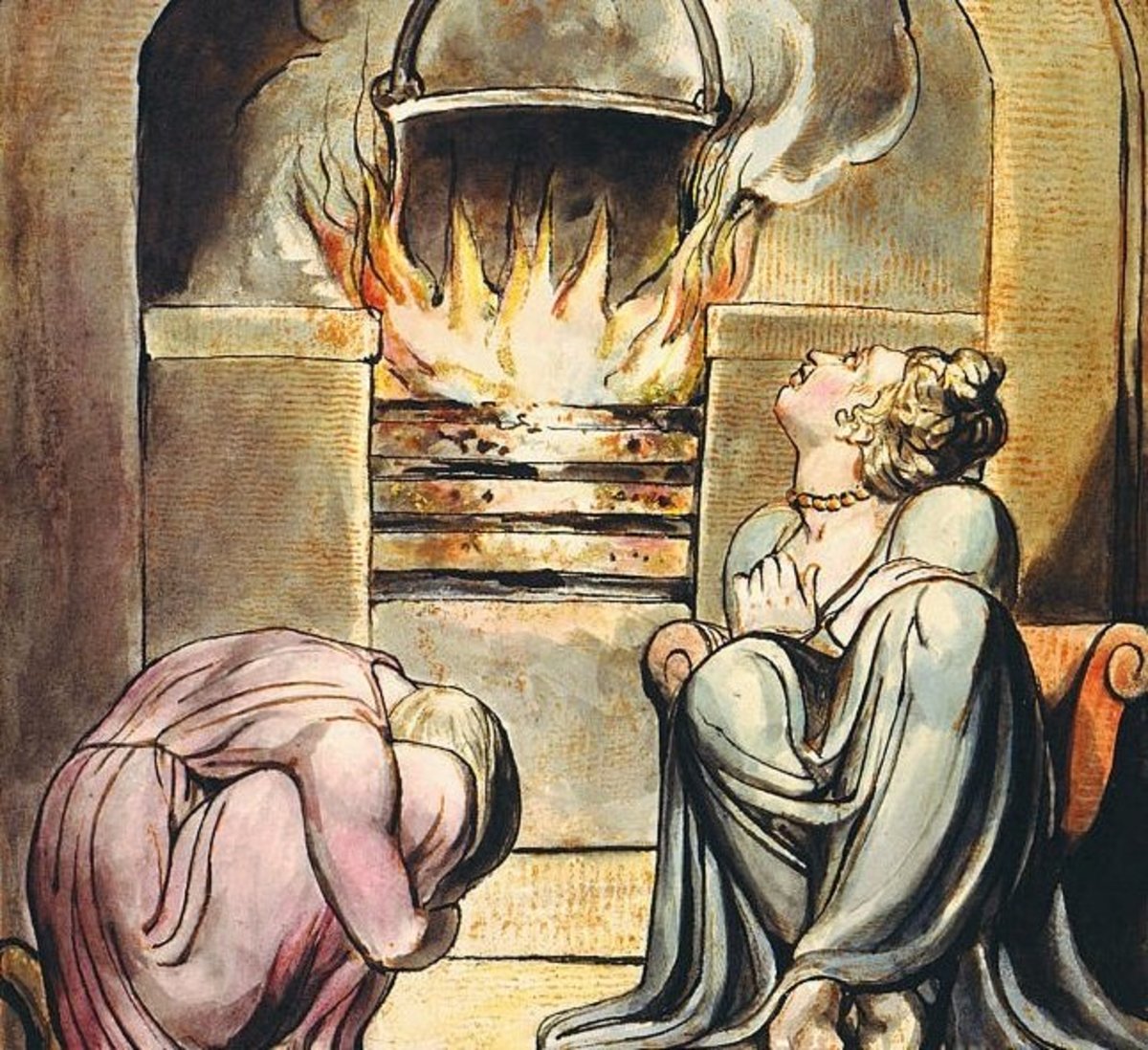 A cauldron over a fire in William Blake's illustrations to his mythical "Europe, a Prophecy," first published in 1794.