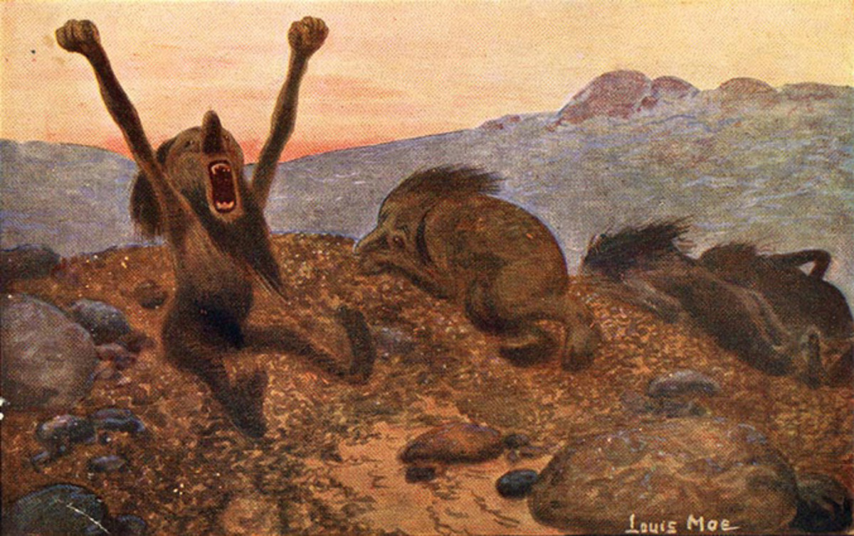 Vintage postcard from 1918, with a scene of trolls in the hills of Denmark.