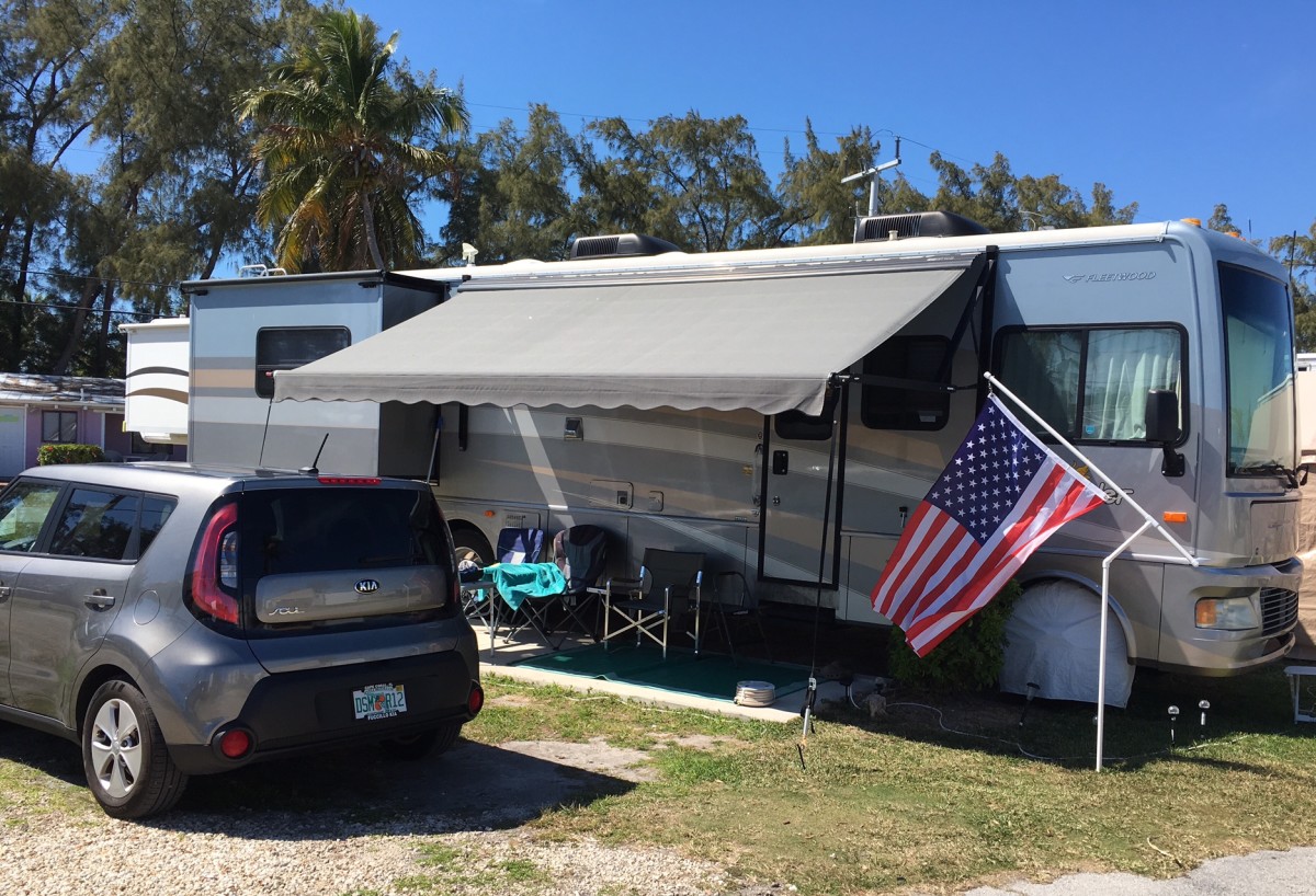 My Bounder motorhome all set up in my campsite for a month in the Keys.
