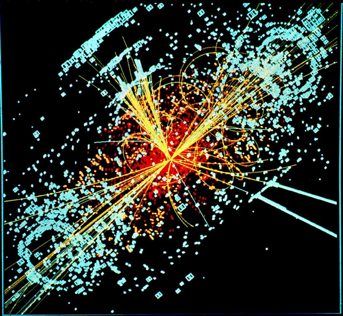A simulated event in the CMS detector of the Large Hadron Collider, featuring a possible appearance of the Higgs boson