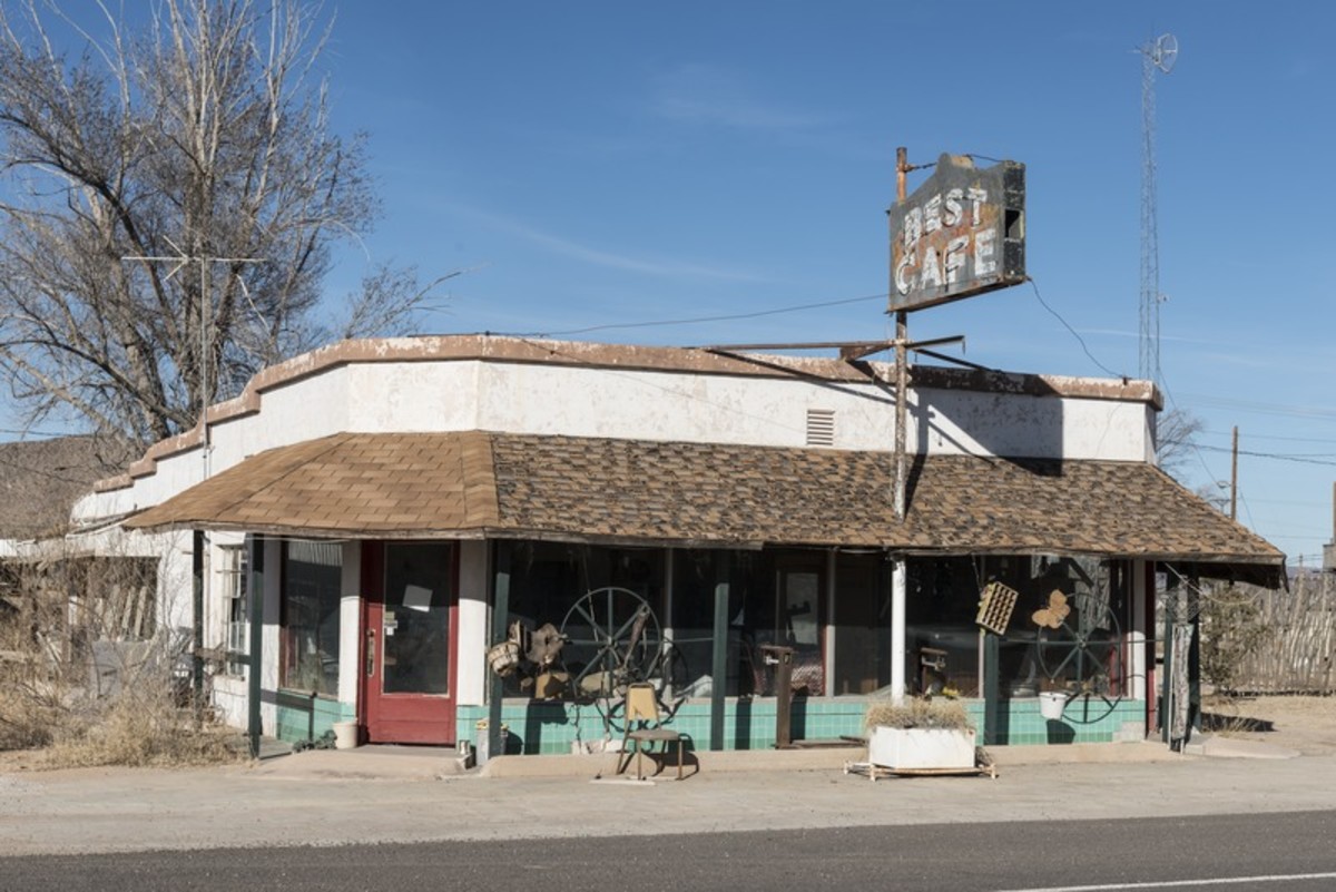 A deserted cafe in Sierra Blanca,  made a virtual ghost town when the  interstate highway bypassed it in Hudspeth County, Texas.