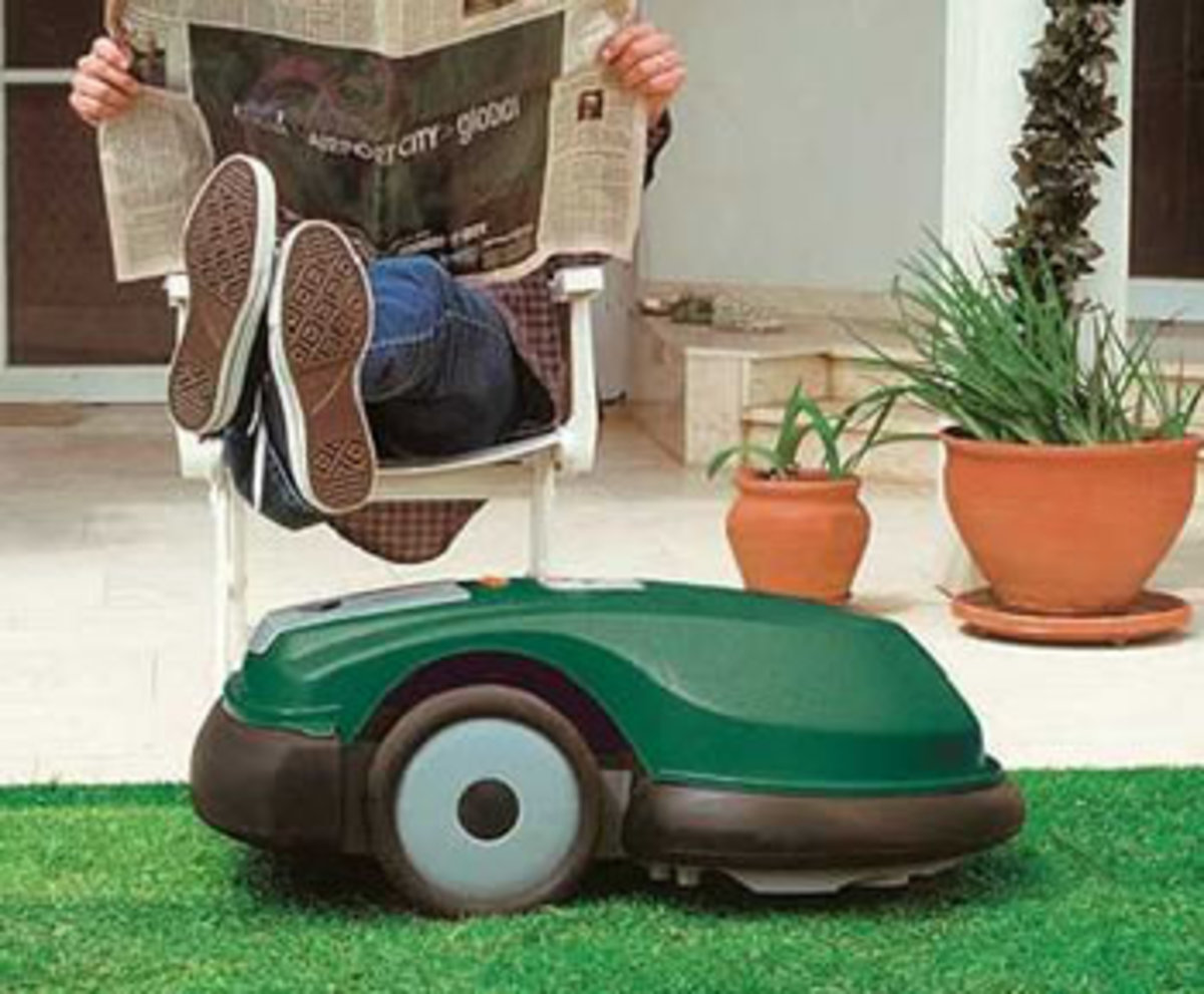 The Robomow Robotic Lawnmower in action cutting a lawn.