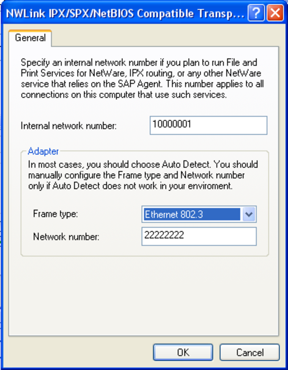 The settings as they should look after edited. You want your internal network number to be unique from all other computers in your workgroup. Your frame type should be set as displayed and your external network number should be identical to all other
