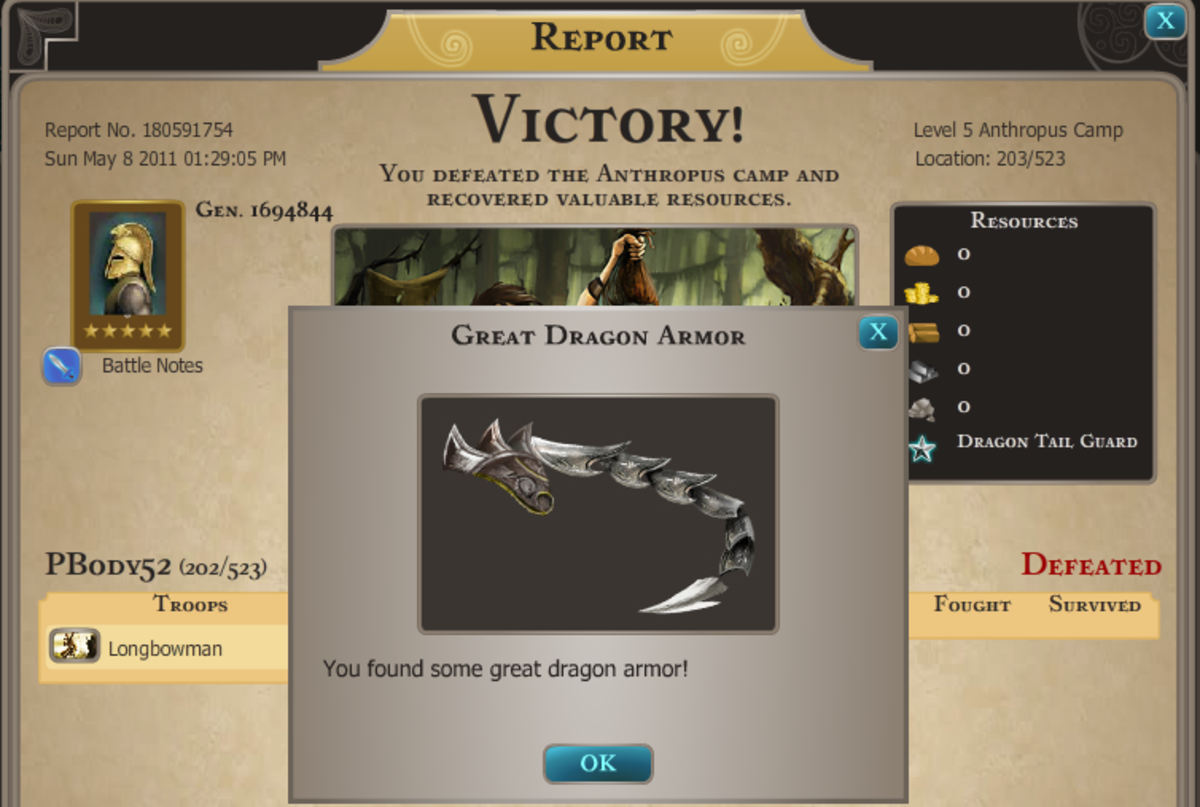 When you do find a piece, open up your most recent battle reports to get this special message about finding your Great Dragon Armor piece.