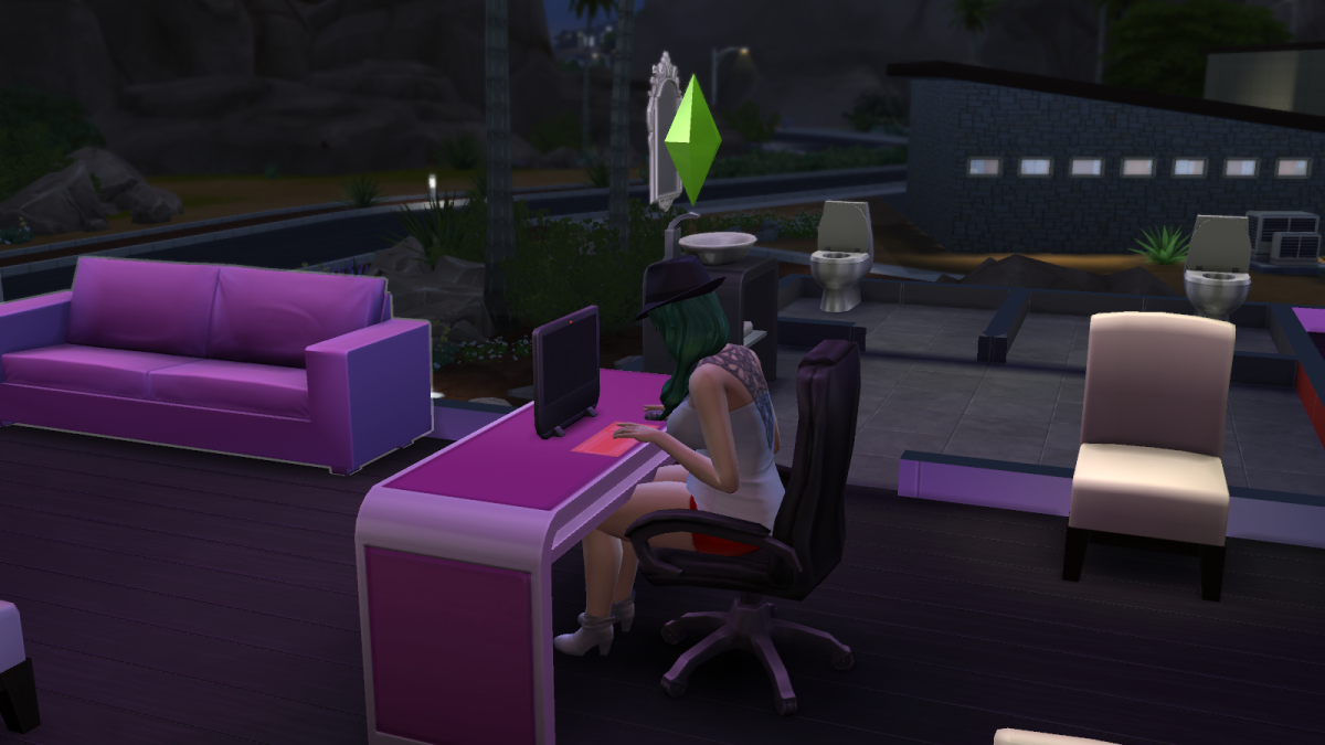 A sim improving her Writing skill in The Sims 4. (Or maybe just playing video games. They like to muck about at times.)