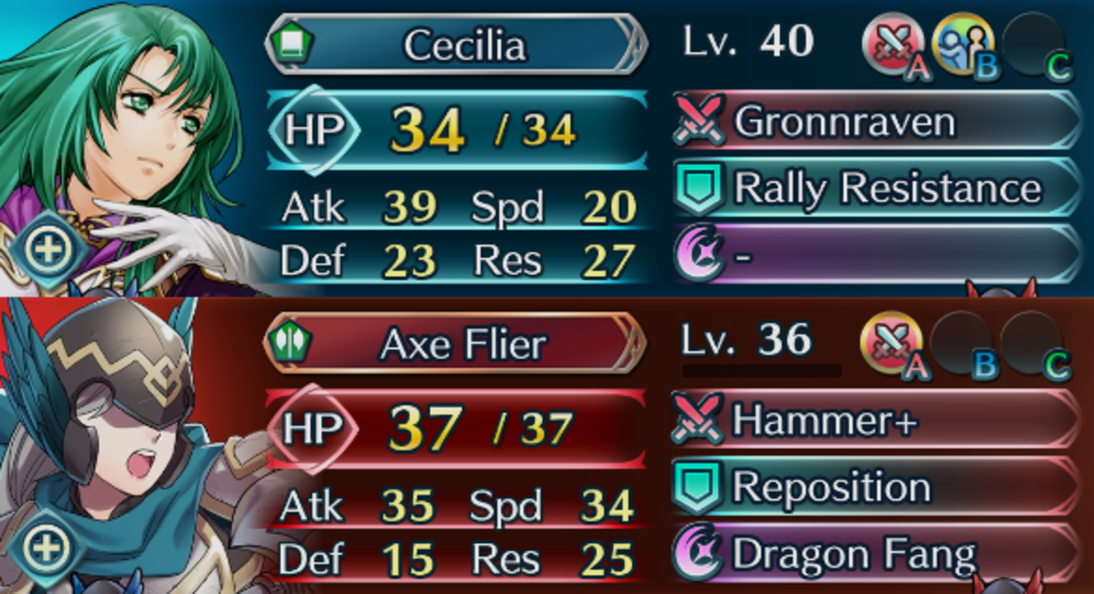 Stat blocks for Cecilia, one of my heroes, and an enemy Axe Flier.